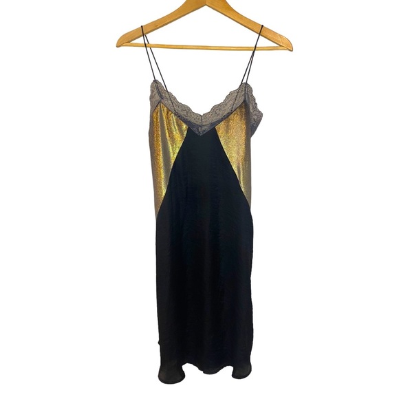Zara Dresses & Skirts - Zara Black & Gold Metallic Lace Slip Dress Size Small